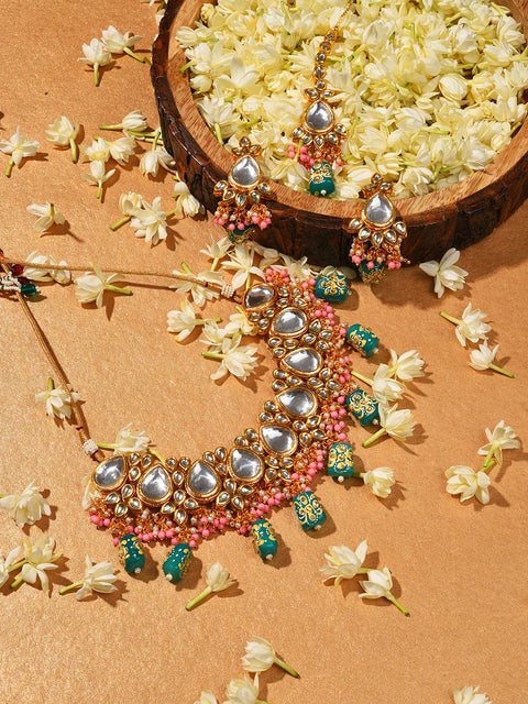 Gold Plated Kundan Beaded Necklace, Earrings and Maang Tikka Set