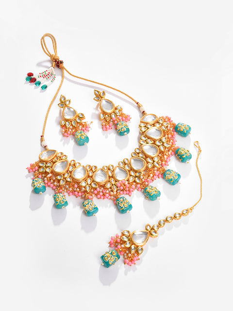 Gold Plated Kundan Beaded Necklace, Earrings and Maang Tikka Set