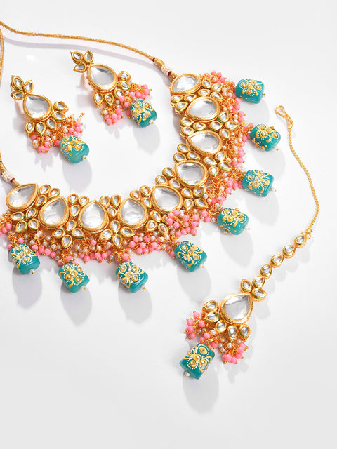 Gold Plated Kundan Beaded Necklace, Earrings and Maang Tikka Set