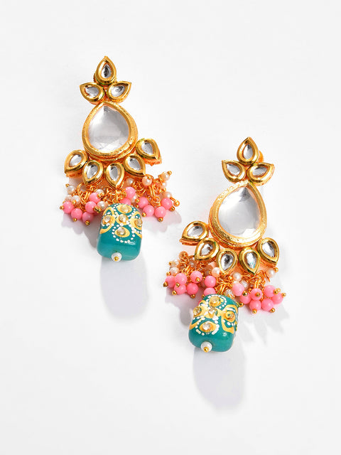 Gold Plated Kundan Beaded Necklace, Earrings and Maang Tikka Set