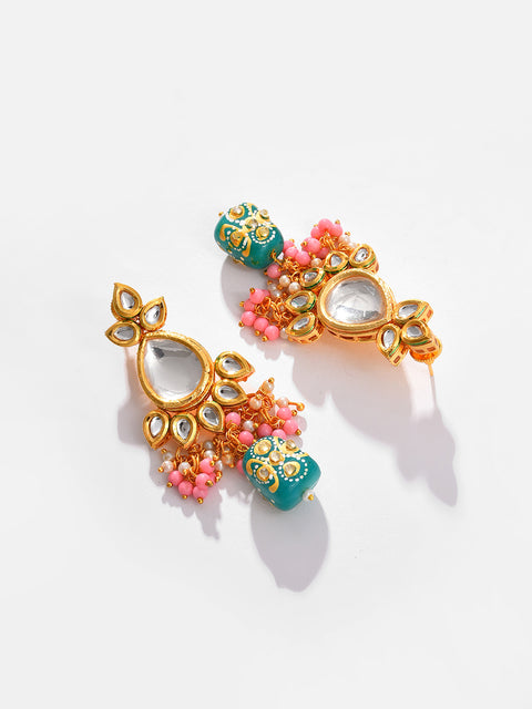 Gold Plated Kundan Beaded Necklace, Earrings and Maang Tikka Set