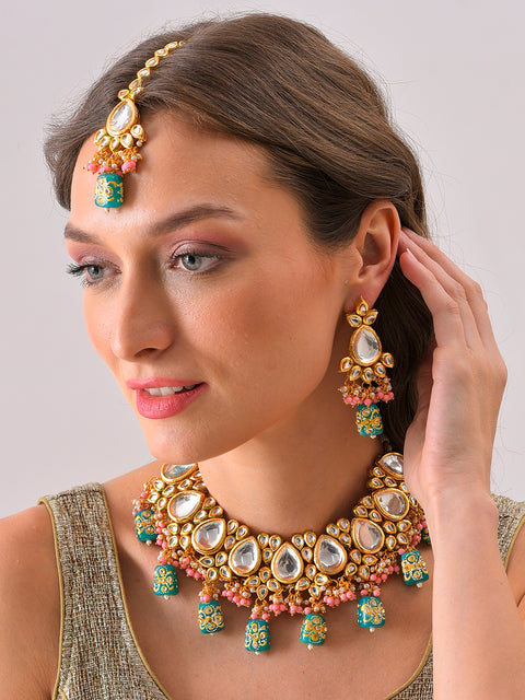 Gold Plated Kundan Beaded Necklace, Earrings and Maang Tikka Set