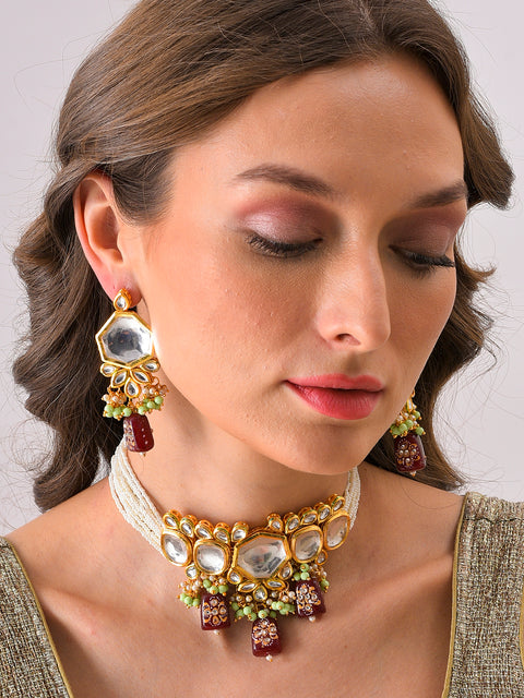 Gold Plated Kundan Beaded Necklace and Earring Set