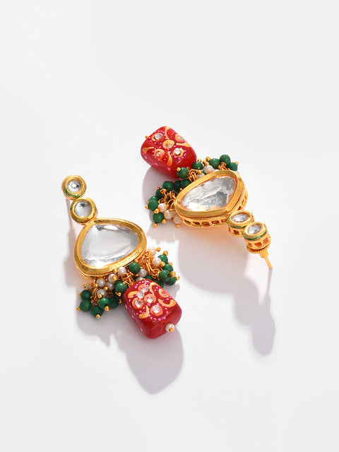 Gold Plated Kundan Beaded Necklace, Earrings and Maang Tikka Set