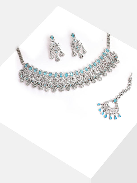 Silver Plated Designer Stone Necklace, Earrings and Maang Tikka Set
