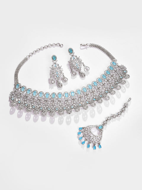 Silver Plated Designer Stone Necklace, Earrings and Maang Tikka Set
