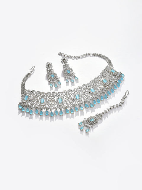 Silver Plated Designer Stone Necklace, Earrings and Maang Tikka Set Jewellery Set