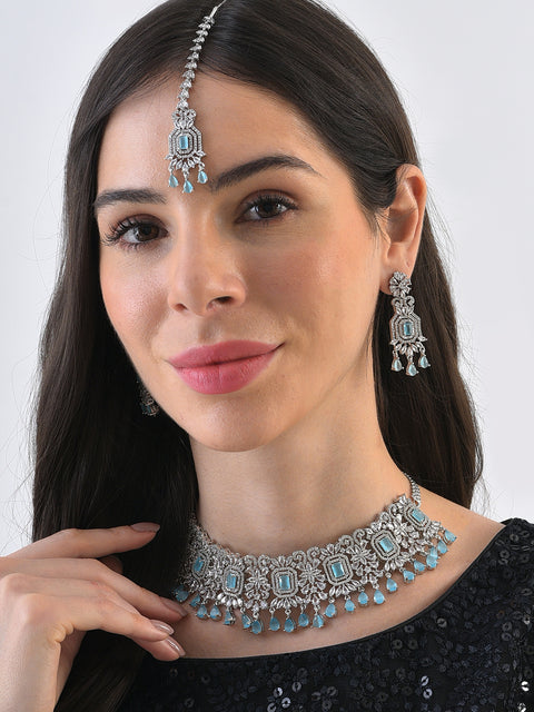 Silver Plated Designer Stone Necklace, Earrings and Maang Tikka Set Jewellery Set