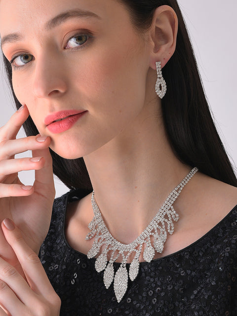Silver Plated Designer Stone Necklace and Earring Set