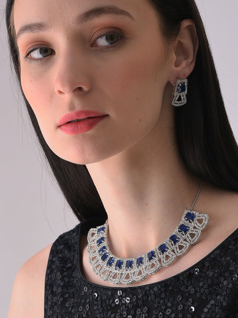 Silver Plated Designer Stone Necklace and Earring Set