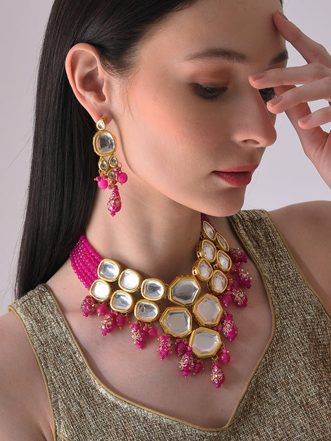 Gold Plated Designer Kundan Necklace and Earring Set
