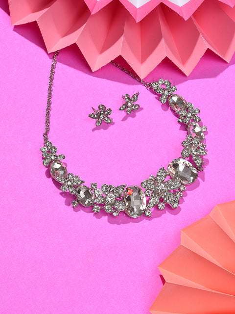 Silver Plated Designer Stone Necklace and Earring Set