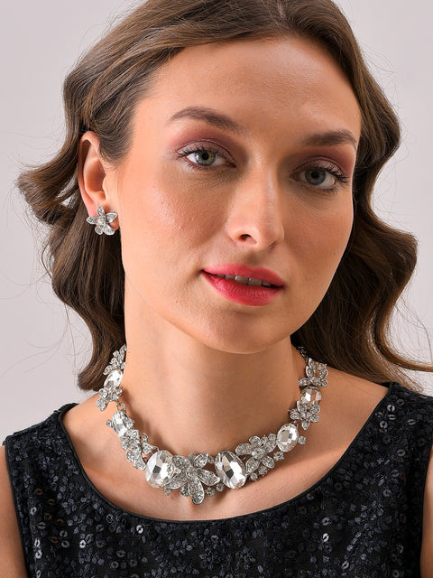 Silver Plated Designer Stone Necklace and Earring Set