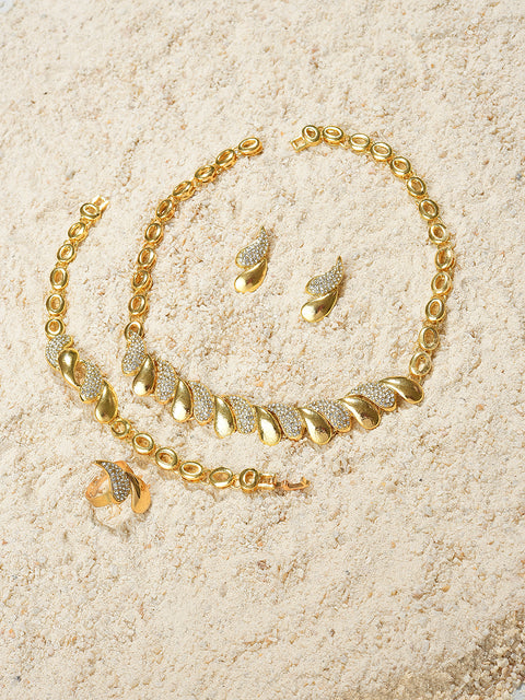 Gold Plated Designer Stone Necklace, Earrings, Bracelet and Ring Set Jewellery Set