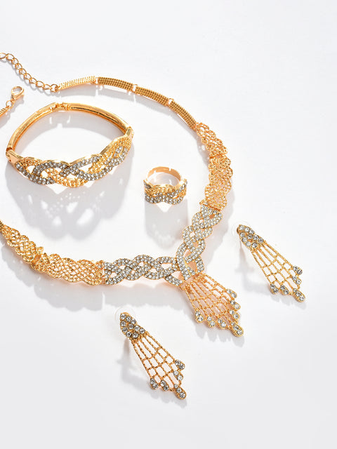Gold Plated Designer Stone Necklace, Earrings, Bracelet and Ring Set Jewellery Set