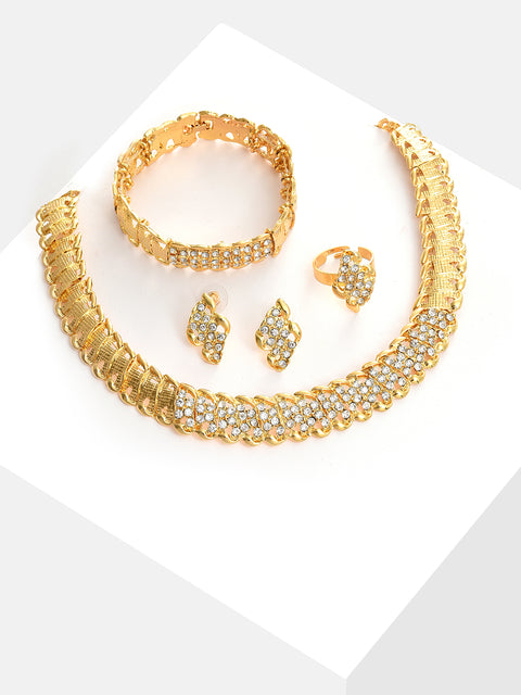Gold Plated Designer Stone Necklace, Earrings, Bracelet and Ring Set Jewellery Set