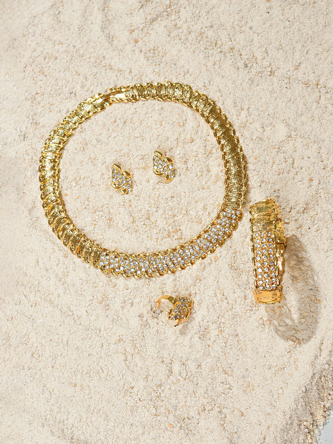 Gold Plated Designer Stone Necklace, Earrings, Bracelet and Ring Set Jewellery Set