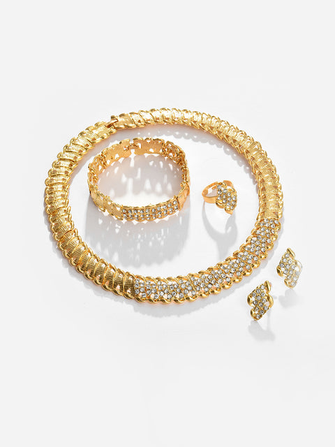 Gold Plated Designer Stone Necklace, Earrings, Bracelet and Ring Set Jewellery Set