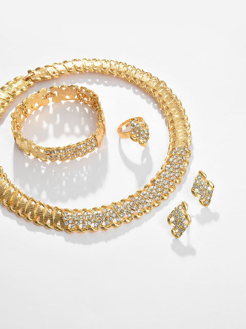 Gold Plated Designer Stone Necklace, Earrings, Bracelet and Ring Set Jewellery Set