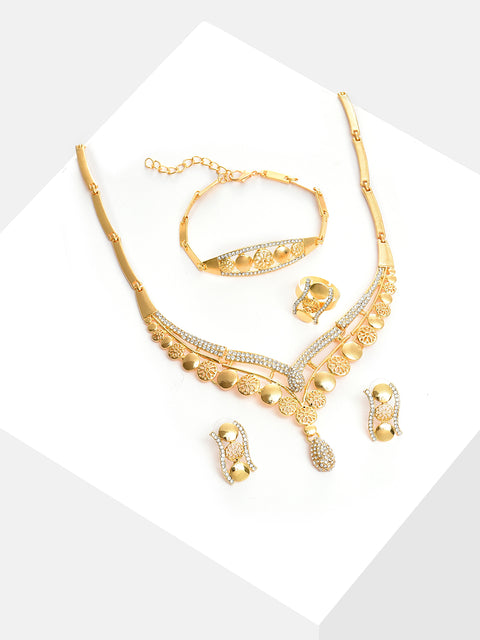 Gold Plated Designer Stone Necklace, Earrings, Bracelet and Ring Set Jewellery Set