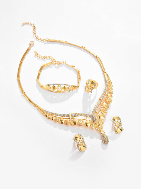 Gold Plated Designer Stone Necklace, Earrings, Bracelet and Ring Set Jewellery Set