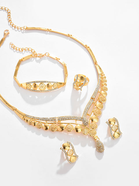 Gold Plated Designer Stone Necklace, Earrings, Bracelet and Ring Set Jewellery Set