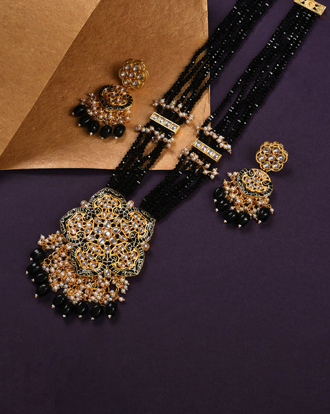 Gold Plated Kundan Beaded Necklace and Earrings Set