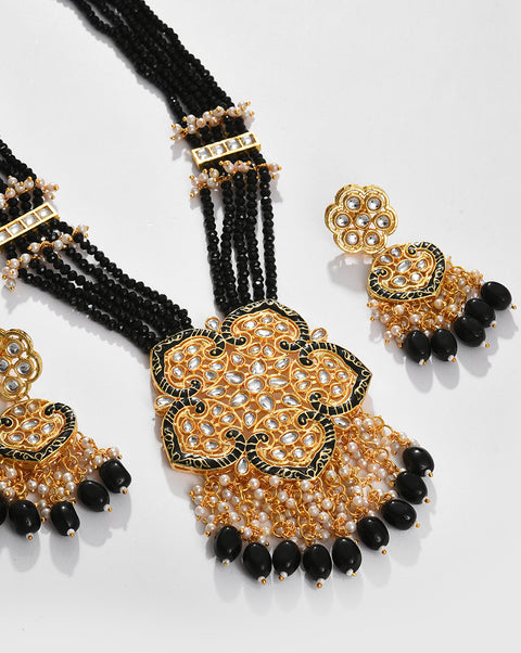 Gold Plated Kundan Beaded Necklace and Earrings Set