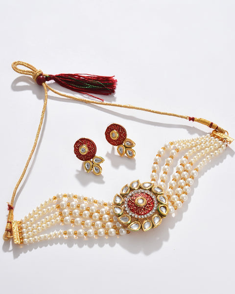 Red Pearl Choker With Earring Set