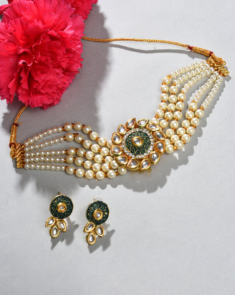 Green Pearl Choker With Earring Set
