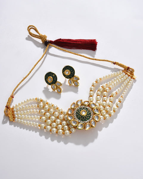 Green Pearl Choker With Earring Set