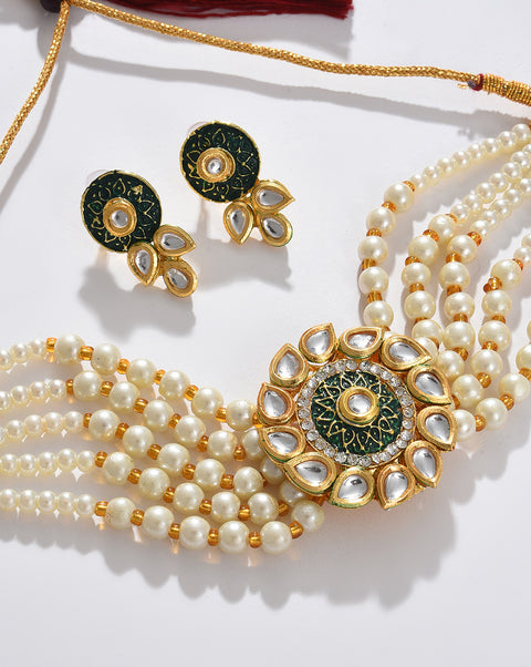 Green Pearl Choker With Earring Set