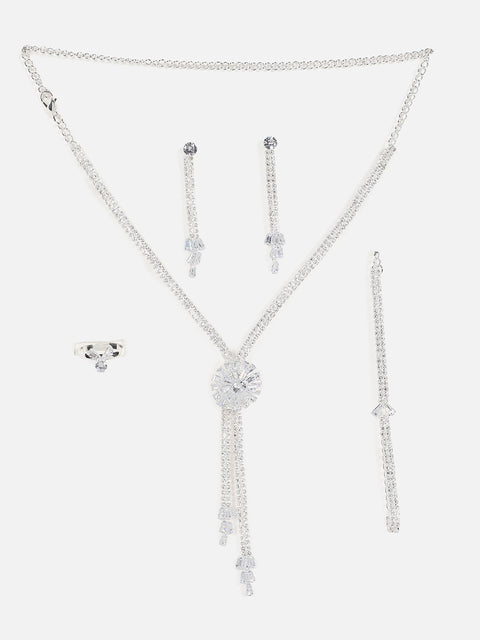 Silver Plated Designer Stone Necklace, Earrings, Bracelet and Ring Set