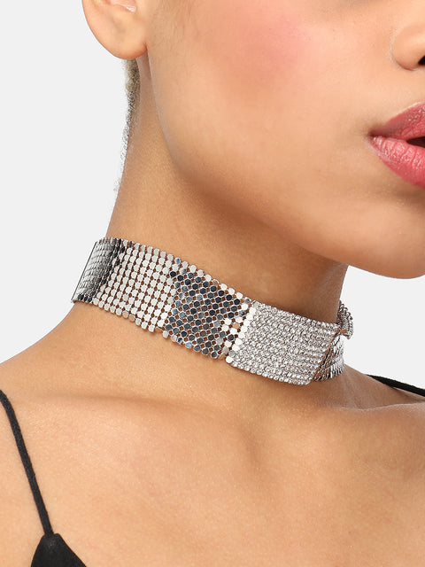 SILVER PLATED PARTY DESIGNER STONE CHOKER NECKLACE FOR WOMEN