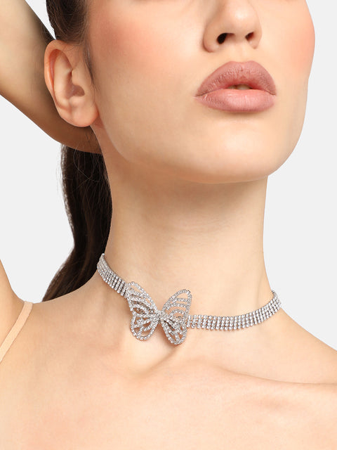 SILVER PLATED PARTY DESIGNER STONE CHOKER NECKLACE FOR WOMEN