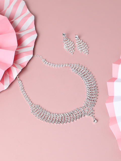 SILVER PLATED PARTY DESIGNER STONE NECKLACE AND EARRING SET FOR WOMEN