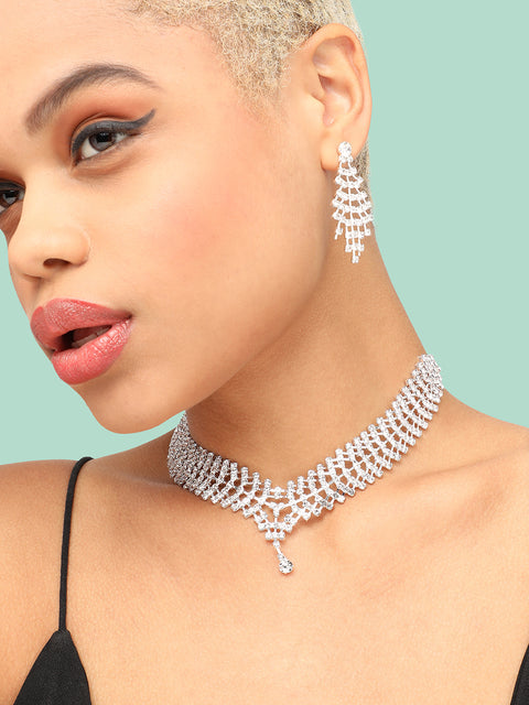 SILVER PLATED PARTY DESIGNER STONE NECKLACE AND EARRING SET FOR WOMEN