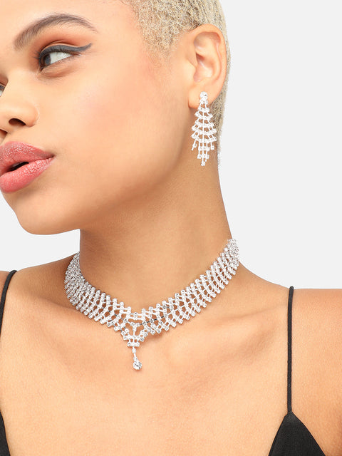 SILVER PLATED PARTY DESIGNER STONE NECKLACE AND EARRING SET FOR WOMEN
