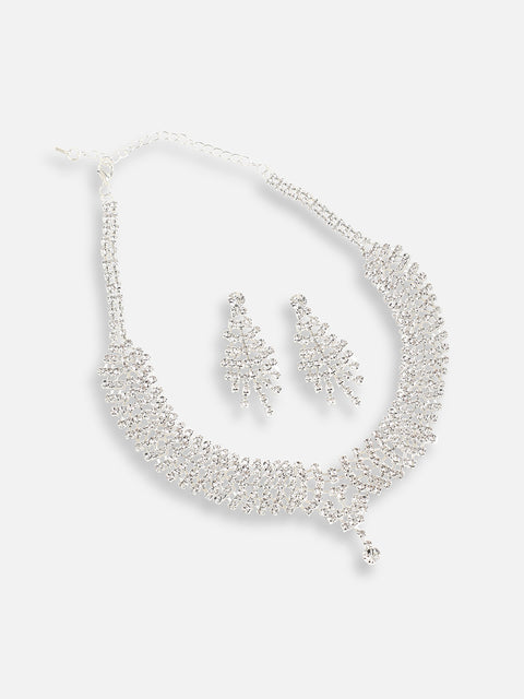 SILVER PLATED PARTY DESIGNER STONE NECKLACE AND EARRING SET FOR WOMEN