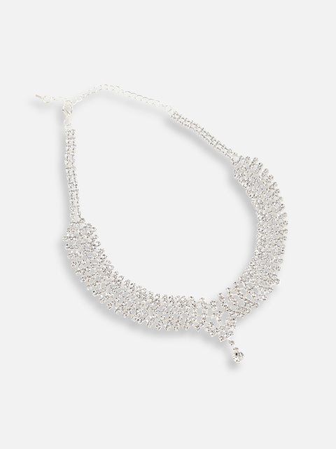 SILVER PLATED PARTY DESIGNER STONE NECKLACE AND EARRING SET FOR WOMEN