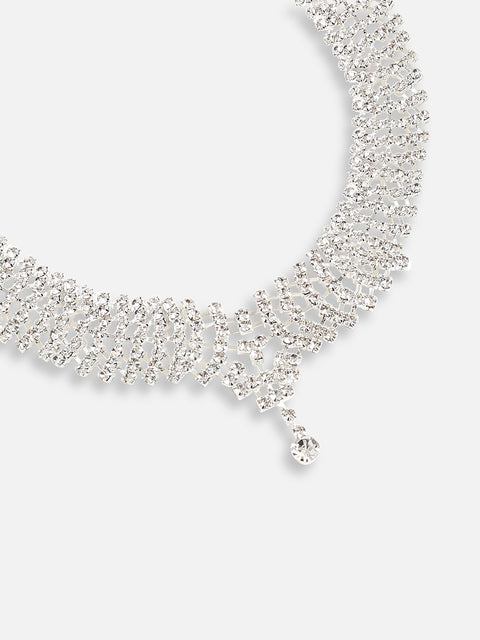 SILVER PLATED PARTY DESIGNER STONE NECKLACE AND EARRING SET FOR WOMEN