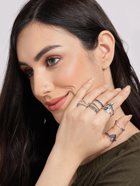 SOHI WOMEN PACK OF 10 SILVER-PLATED OXIDISED FINGER RINGS